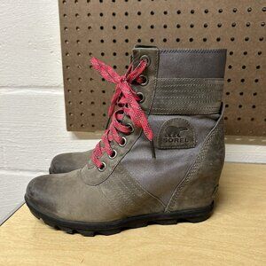 Sorel Lexie Wedge Boots Gray Brown Size 10 Women’s Shoes Lace Up Leather Patina